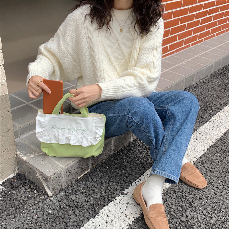 1441 Japanese and Korean chic Sweet ruffled bento Bag, Fresh embroidered hand-held small cloth bag, girl student bag wholesale undefined