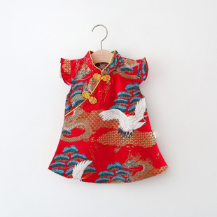 2024 Summer New Crane Cheongsam dress Girl's Short-sleeved Two-buckled National Style Small Dress New Year Dress