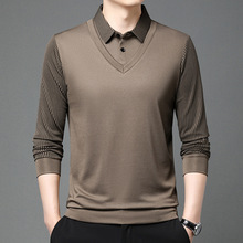 爆款假两件薄款长袖男士衬衫领春秋季新款条纹休闲男装打底衫t恤