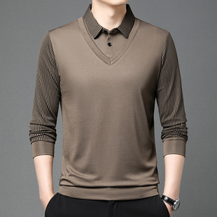 Hot Style Fake Two-piece Thin Long-sleeved Men's Shirt Collar Spring and Autumn New Striped Casual Men's Base Shirt T-shirt