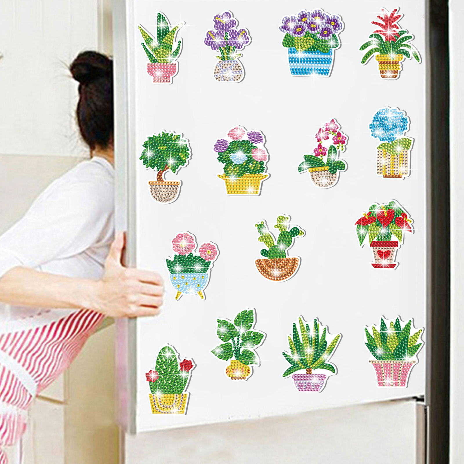 Plantas verdes en maceta flores de absorción de diamante pintura pegatinas de refrigerador para niños DIY creativo mampostería pegatinas juguetes al por mayor