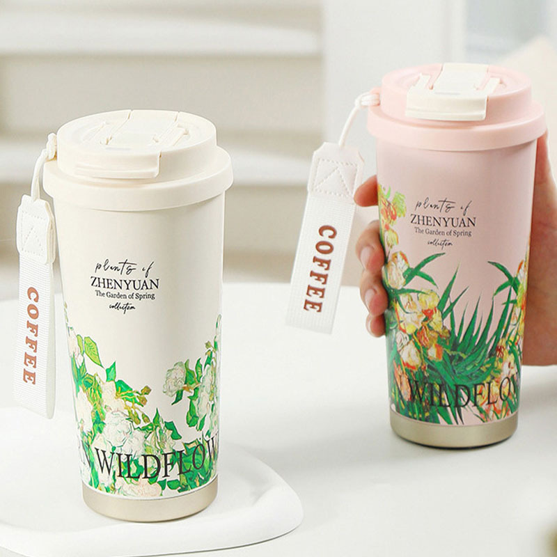 High quality capacious glass stainless steel, handheld coffee tea cup, straw for men and women