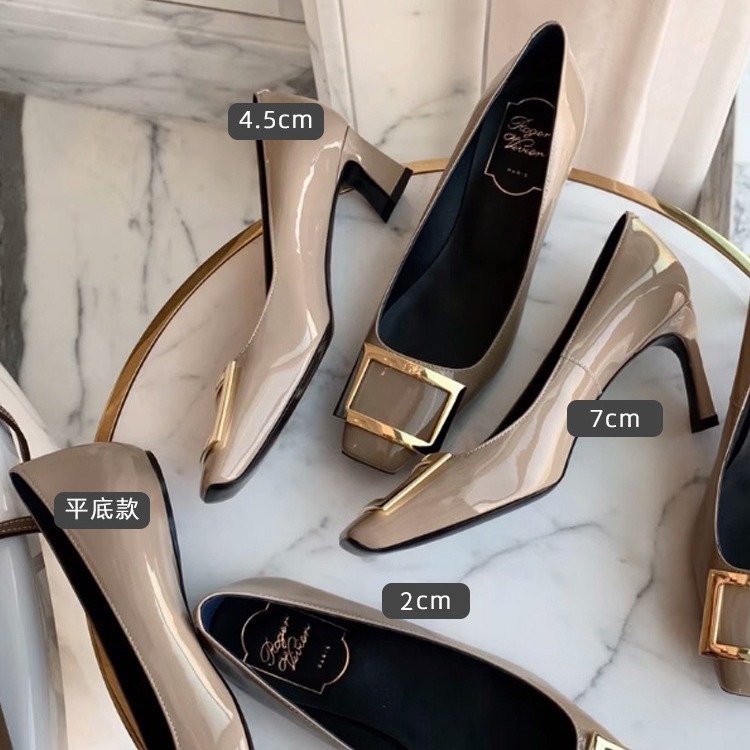 RV High Heels Women's Genuine Leather French Style Elegant Square Buckle Bride Shoes Women's Professional Commuter Work High Heels Not Tired Feet