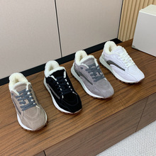 高端2024新款真皮加绒羊毛圆头浅口串珠厚底系带运动休闲鞋跑步鞋