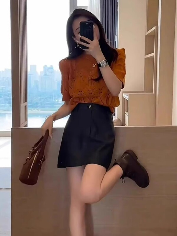 橘色镂空冰丝针织短袖正肩T恤女夏季小个子修身短款多巴胺小上衣|undefined
