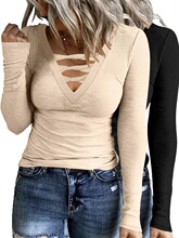 U 81736 V Neck Hollow Out Long Sleeve Top V�I�U���L������