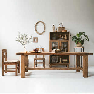 Vintage Old Pine Dining Table and Chair Combination Coffee Shop Restaurant Storefront Solid Wood Dining Table and Chair Set