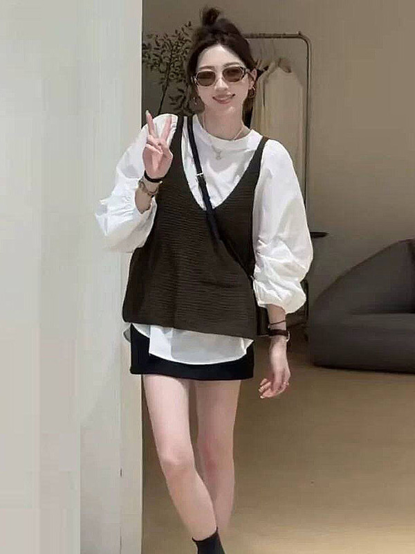 韩系减龄针织背心+衬衫套装女秋装2025新款时尚超好看两件套上衣|undefined