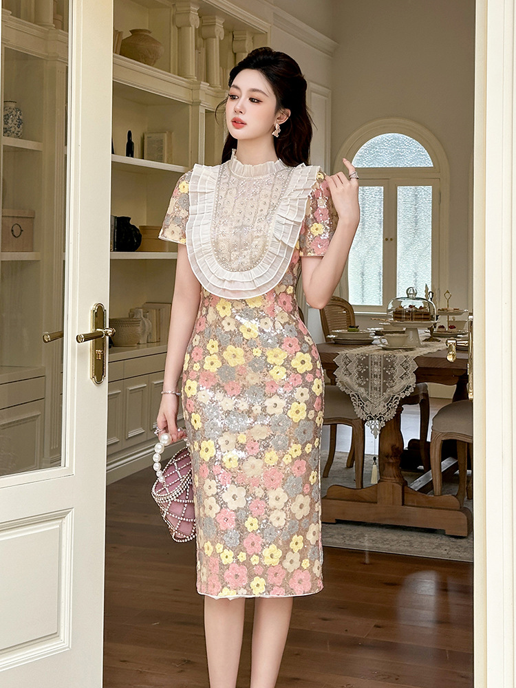 Đầm ôm body nữ thiết kế Pháp họa tiết hoa đính sequin — màu