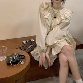 韩系少女秋季2023年复古可爱休闲法式复古泡泡袖连衣裙优雅裙子女