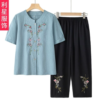 奶奶夏装短袖棉麻套装中老年人女装开衫唐装老人太太衣服妈妈衬衫