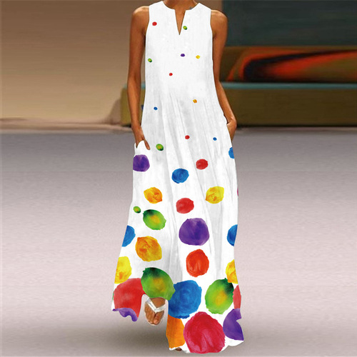 2024 summer independent station new European and American retro printed long skirt V-neck multi-color long sexy sleeveless dress