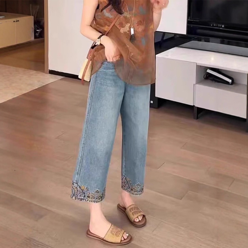 2025 Summer New Embroidered High-Waisted Slim Straight Jeans Casual Versatile Nine-Point Loose Wide-Leg Pants Ins