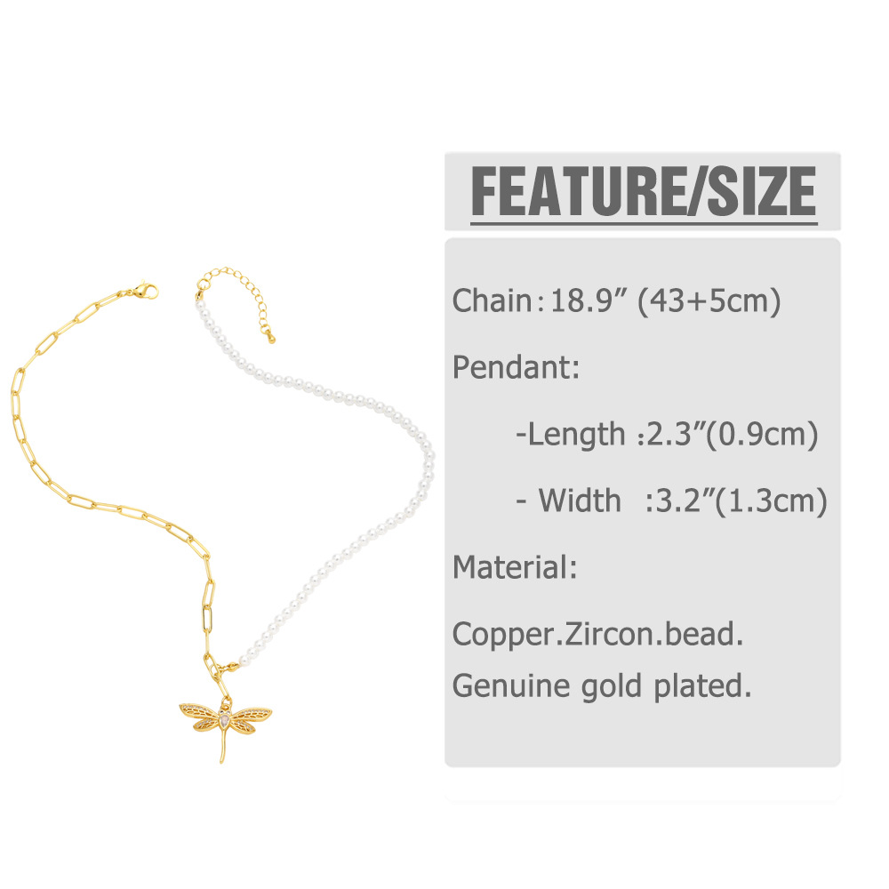 Fashion Dragonfly Copper Pendant Necklace Pearl Plating Inlay Zircon Copper Necklaces
