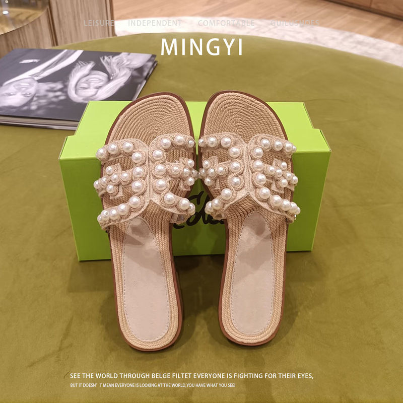 Hemp Rope Woven Pearl Straw Flat Slippers for Women, Summer Outdoor Wear, French Style High-End Beach Sandals for Women Hemp Rope Woven Pearl Straw Flat Slippers for Women, Summer Outdoor Wear, French Style High-End Beach Sandals for Women