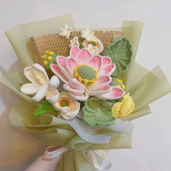 紀念日針織花束成品手工毛線編織荷花永生花擺件仿真創意禮品包好