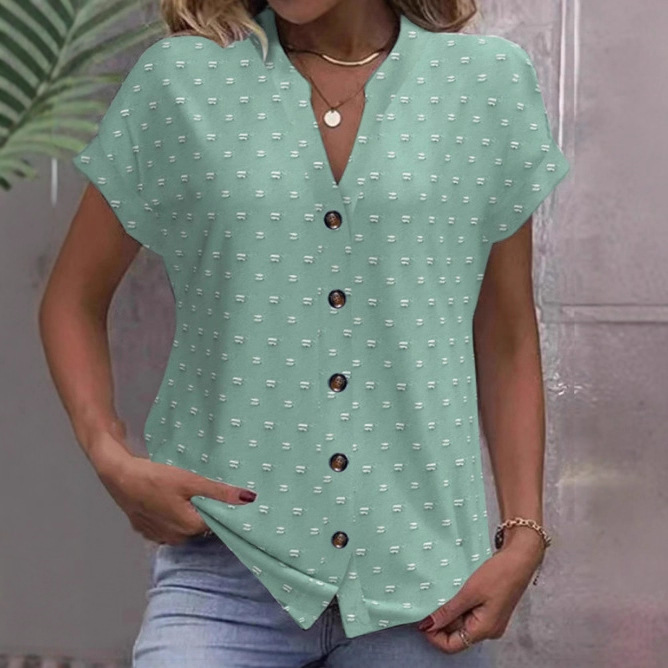 2025 Summer New Amazon Wish European and American Cross-Border Jacquard Cardigan Short-Sleeved Button Women's Shirt