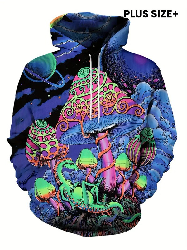 Temu Independent Station American Printed Sweatshirt Men's Colorfulful Mushroom Pattern Long-Sleeved Pullover Hoodie British Style Jacket