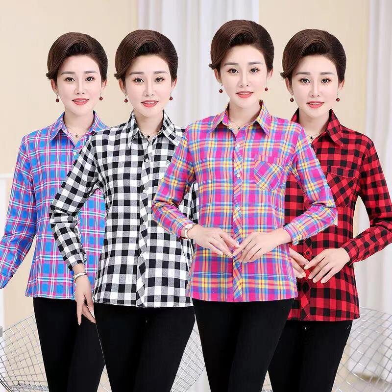 In-Stock Factory Plaid Shirt for Women 2026 Summer Korean Style Turn-Down Collar Loose Versatile Slimming Long-Sleeve Shirt Wholesale Top