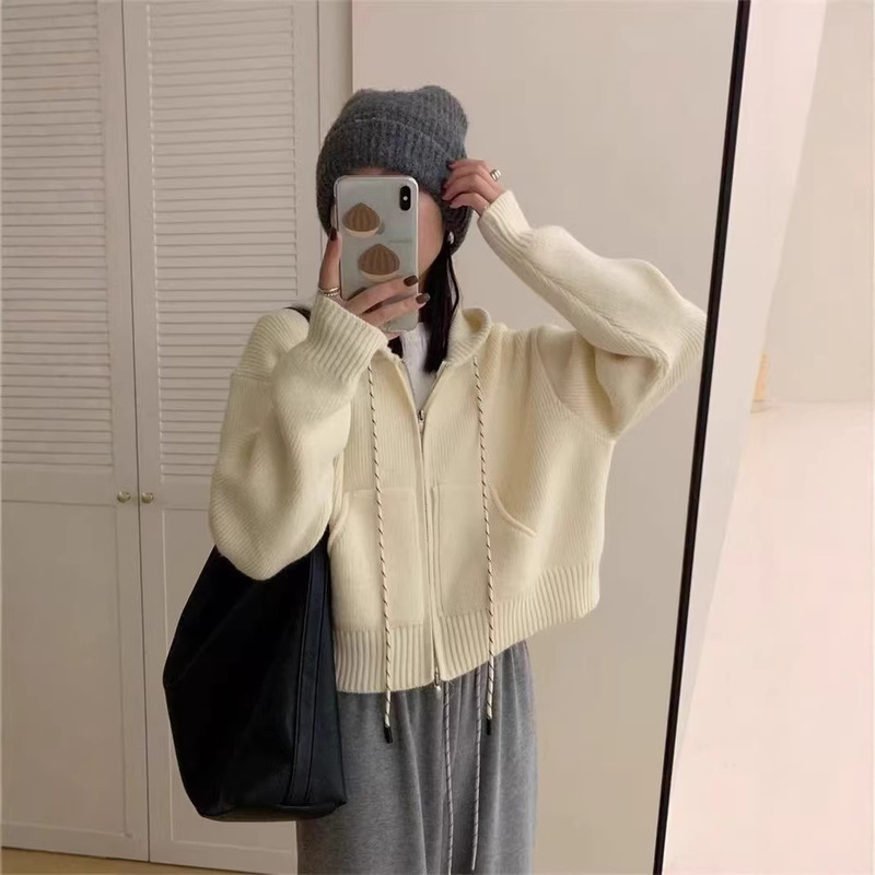 New Cross-Border Short Casual Knit Cardigan with Pocket Design, Double Zipper, Long Sleeves, Drawstring Hood, for Women New Cross-Border Short Casual Knit Cardigan with Pocket Design, Double Zipper, Long Sleeves, Drawstring Hood, for Women
