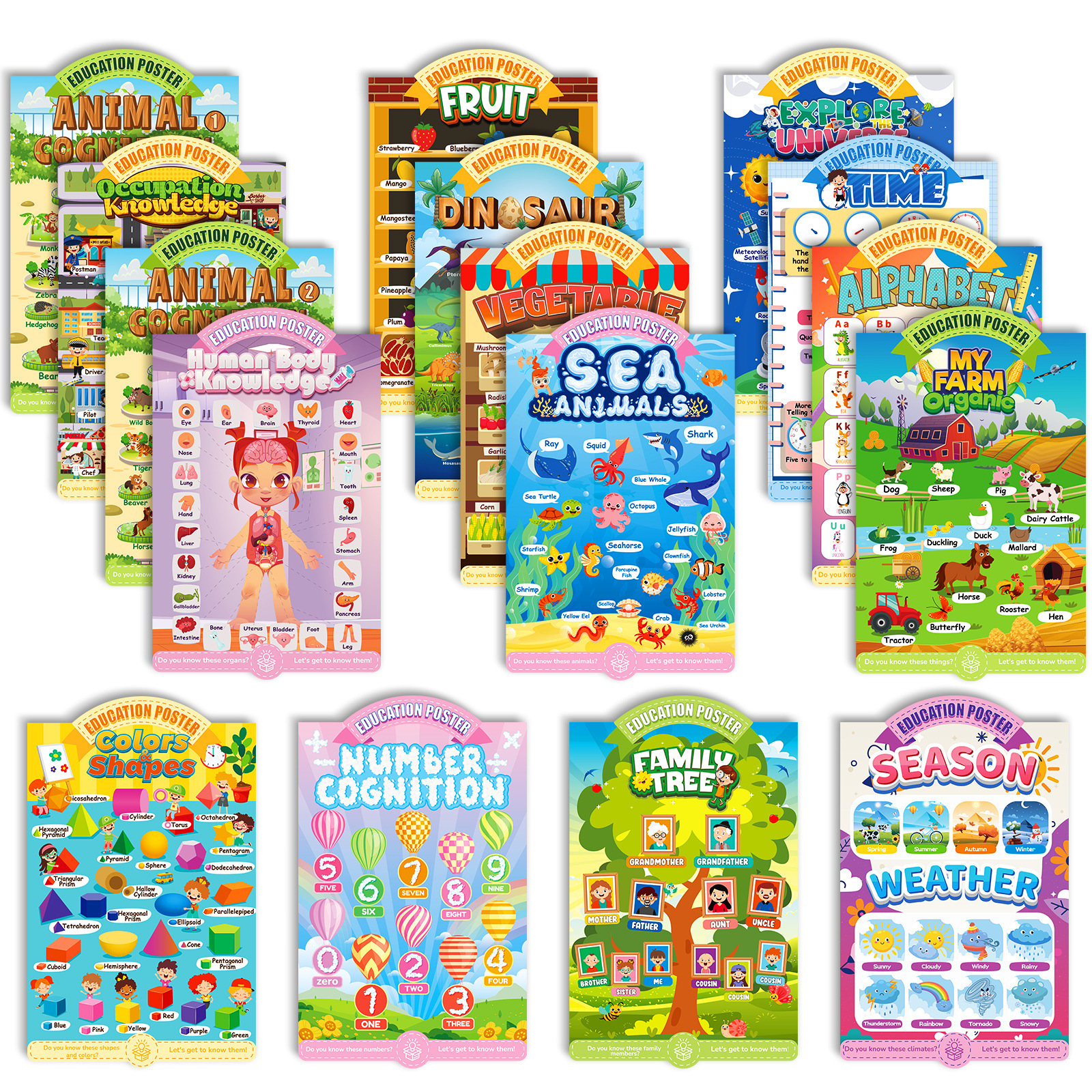 16 mixed-style educational posters, new children's early education cartoon decorative paintings, English enlightenment wall charts, cognitive posters