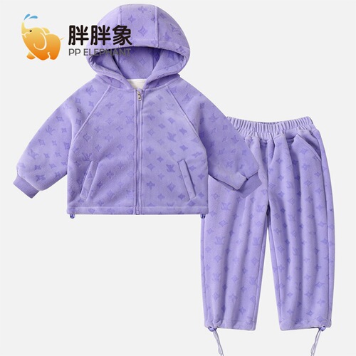 Boys, girls, small and medium-sized children, hooded thickened warm double-sided Austrian velvet embossed suit top + pants