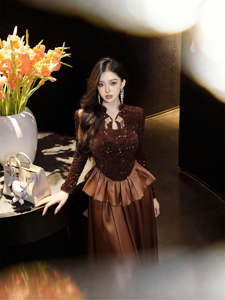 Đầm maxi nữ thắt eo phong cách Trung Hoa thiết kế sequin lấp lánh — Cà phê nâu chi tiết 6