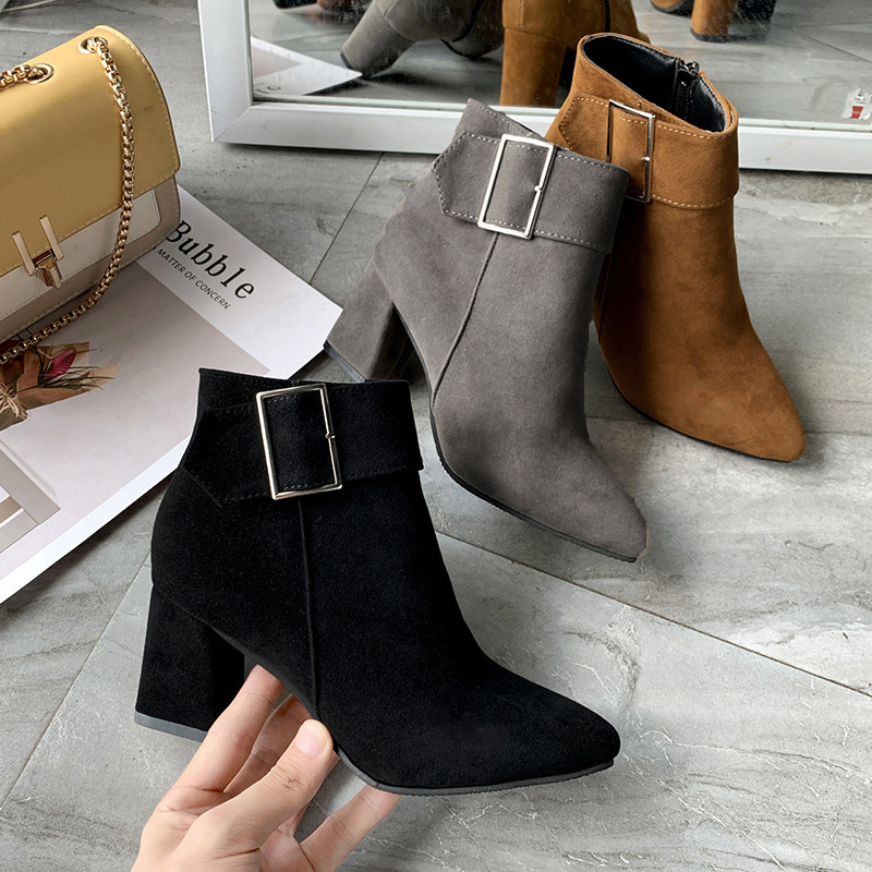 2021 Autumn and Winter New High Heel Chunky Heel Belt Buckle Pointed Toe Large Size Korean Style Short Boots Women's Suede Martins Women's Shoes