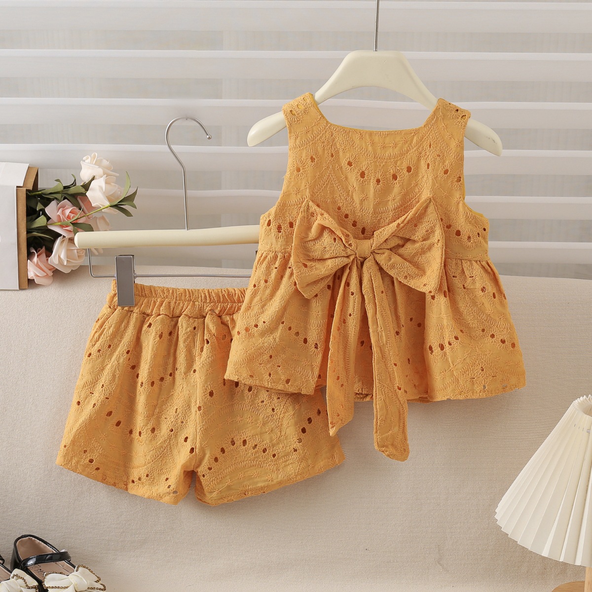 77512 Korean Style Children's Clothing New Summer Girls Cut Out Flying Sleeve Suit Children's Thin Lace Shorts Two-Piece Set