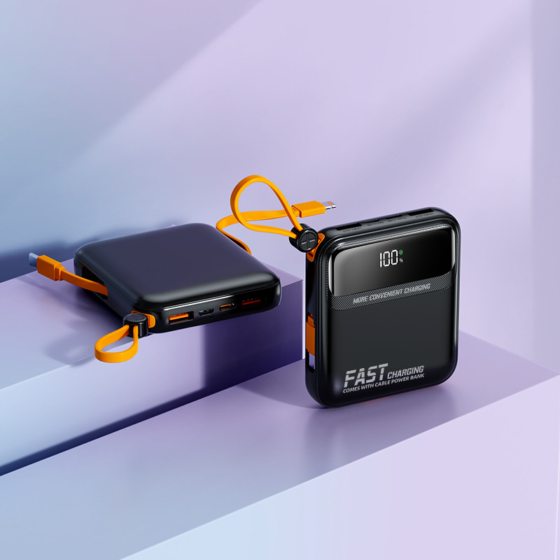 Nuevo banco de energía de carga súper rápida transfronteriza 120W 20000 mA pequeña Impresión de energía móvil portátil con cable