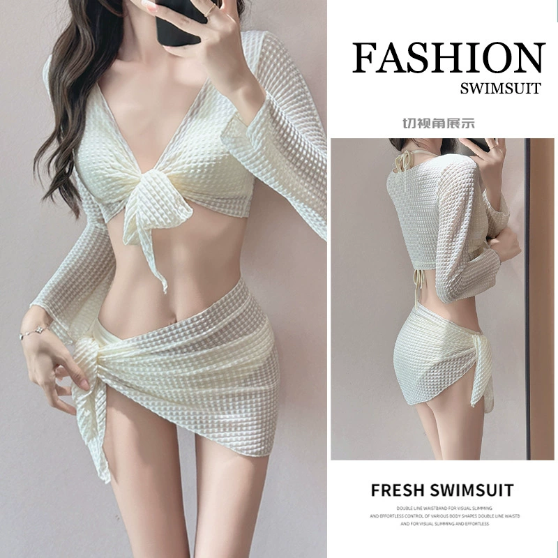 Женский купальник бикини 2025, новый, с длинными рукавами, накидка, защита от солнца, сексуальный, для маленькой груди, раздельный, четырехчастный, купальник для горячих источников