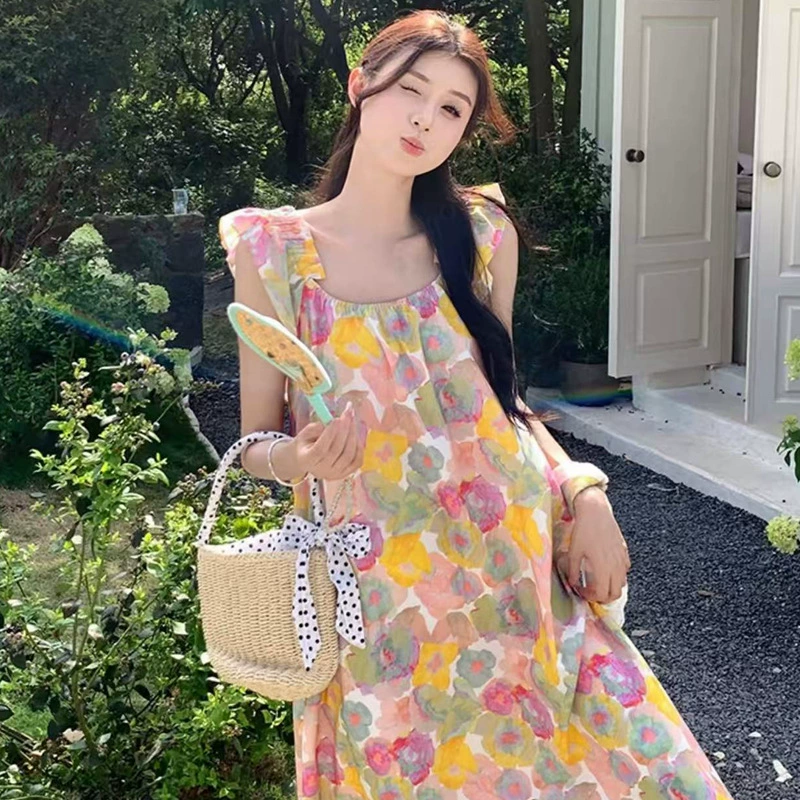 Ретро масляная живопись цветочным платье женское лето новое свободное тонкое и красивое японское пляжное темпераментное платье