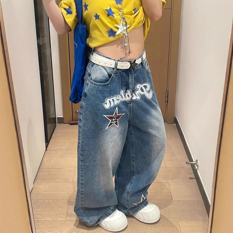 美式复古贴布字母星星弯刀牛仔裤女夏季高街设计感宽松显瘦阔腿裤|undefined