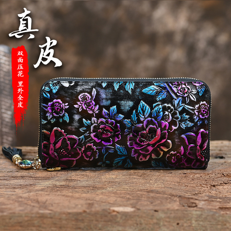 2023 New Vintage Genuine Leather Women's Wallet Large Capacity Fashionable Multi Card Embossed Handmade Colorful Zipper Bag