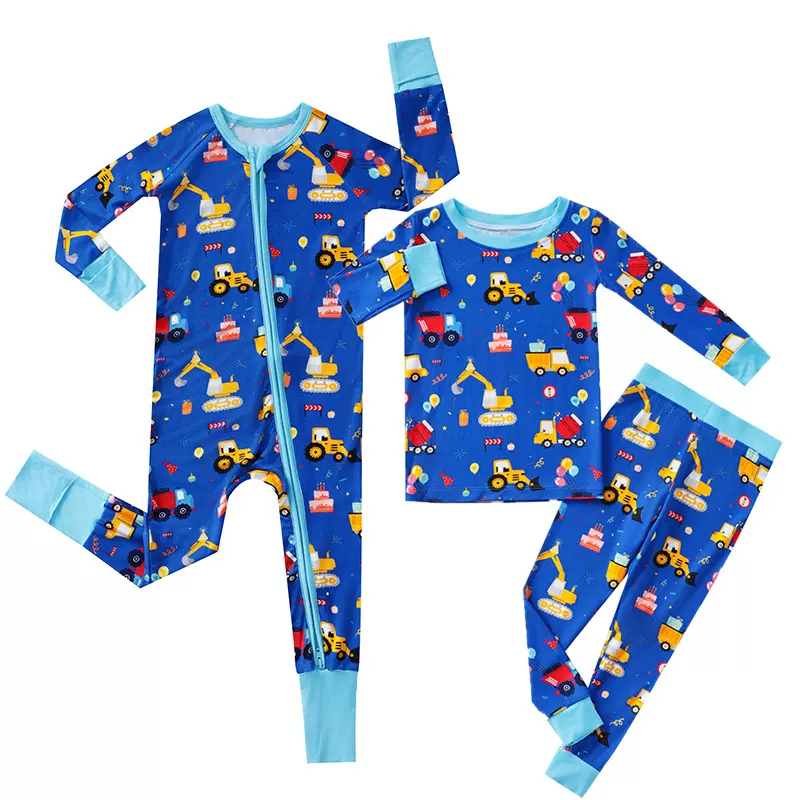 外贸现货夏季薄款婴儿卡车睡衣竹纤维儿童长袖爬服宝宝连体衣透气