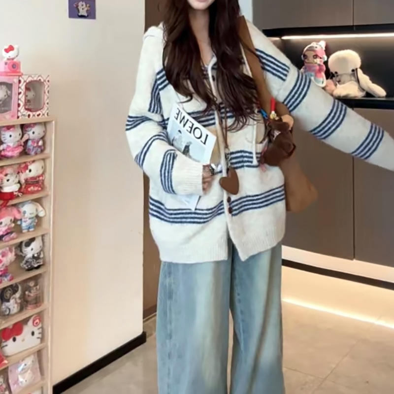 软糯慵懒风拼色条纹连帽2025秋冬毛衣女长袖宽松大码针织开衫外套|undefined