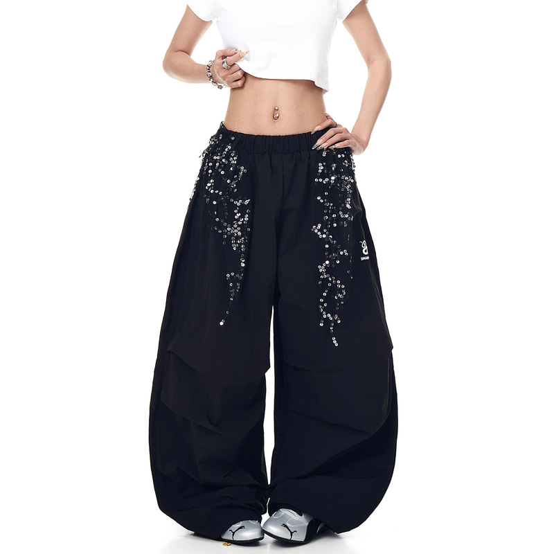 American-Style Spicy Girl Tassel Sequin Loose Sports Pants for Women, 2025 Summer Wide-Leg Casual Parachute Pants