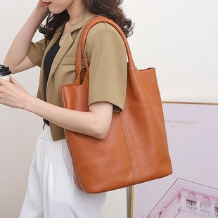 Genuine Leather Women's Bag Solid Color First Layer Cowhide Women's Bag Going Out Handbag Women's Large Capacity 90% off Tote Bag Women Summer