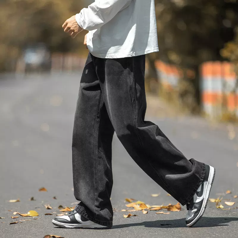 韩路男装 重磅水洗复古牛仔裤男春季新款分割结构弯刀裤宽松长裤