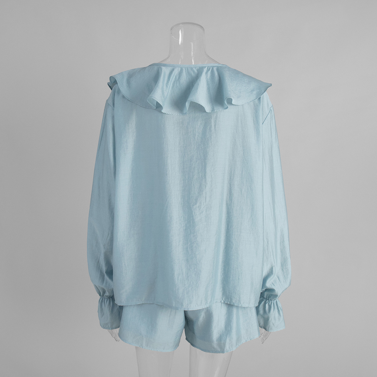Women's French V Neck Ruffled Shirt And Shorts Set European American Style Summer Tie Front Clothing_ecoleips.com