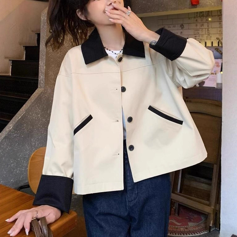 撞色拼接翻领小个子风衣外套女春秋季宽松休闲短款卡其色夹克上衣|undefined