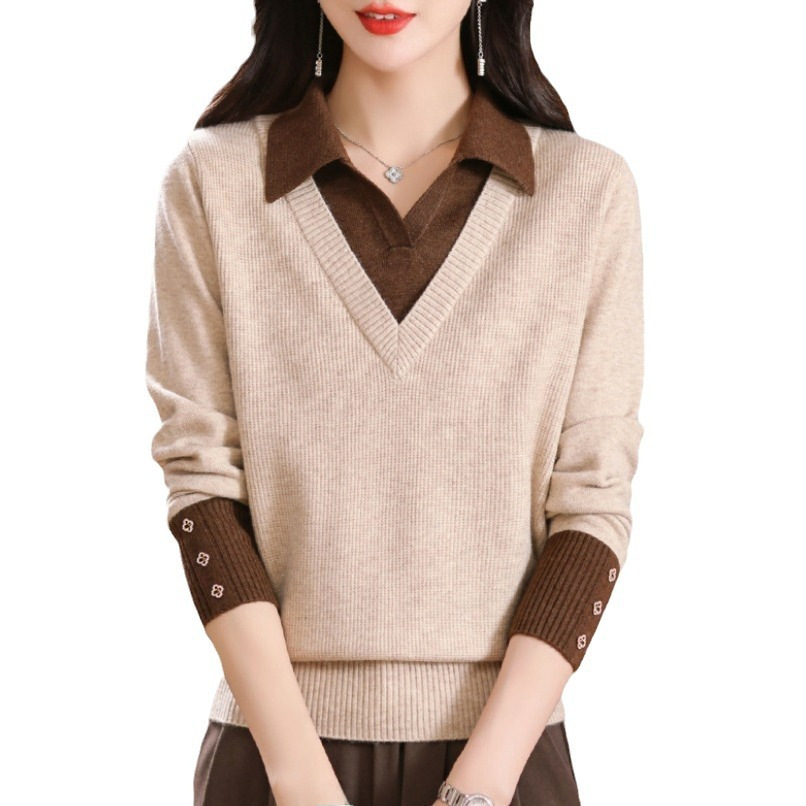 European station two-piece woolen sweater women's autumn and winter color matching Western style bottoming sweater pullover loose knitted cashmer_voghion.com