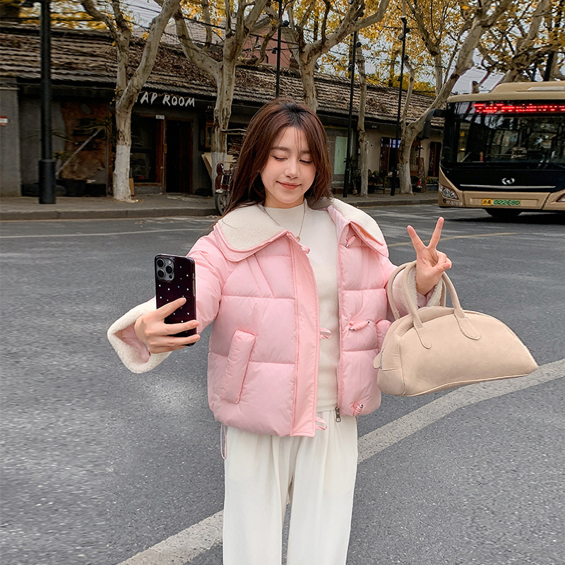 韓国風ショート丈レディースキャンディーカラー若見え小柄さん向け2025冬ホーンボタン大襟ショートダウンコットンジャケット|undefined