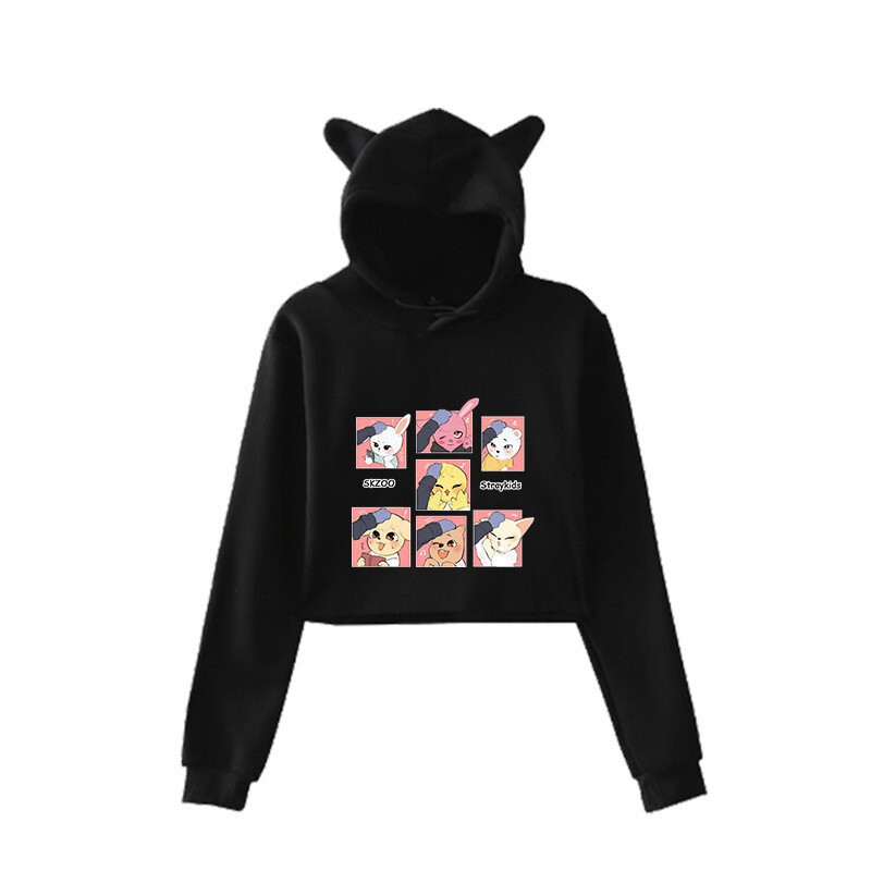 Korean Group Merchandise Hoodie, Cute and Unique, Sexy Crop Top with Cat Ears for Girls, Spring and Autumn Cross-Border Short Sweatshirt