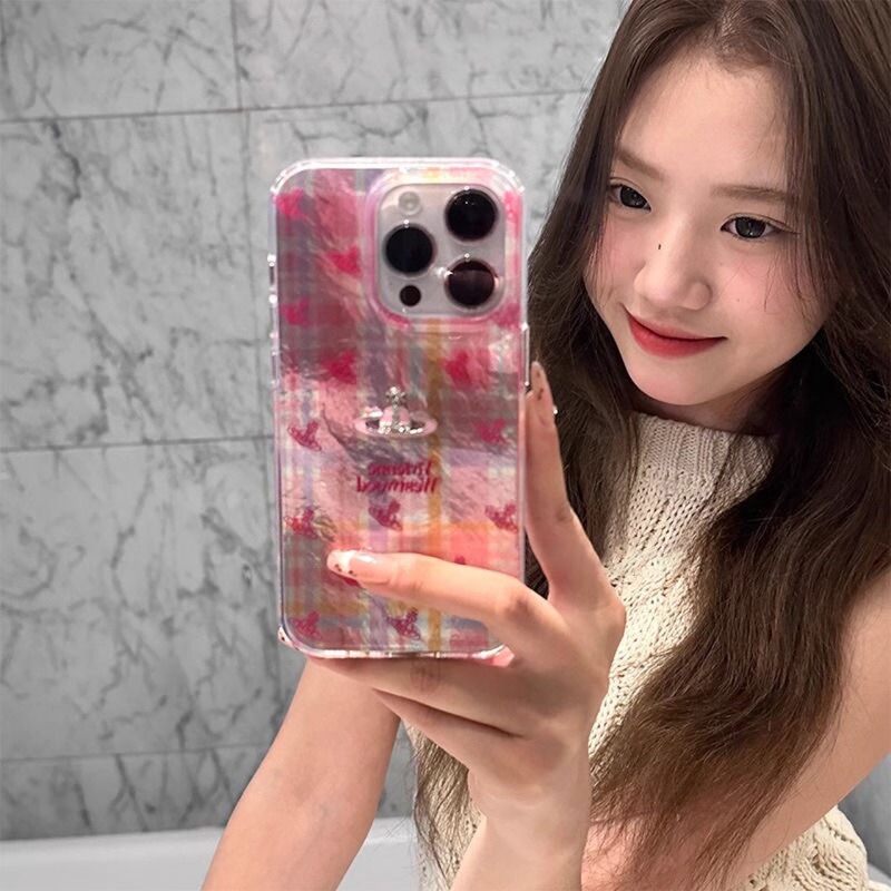 韩系ins少女粉色格纹立体星球适用14苹果15ProMax手机壳iPhone13|undefined