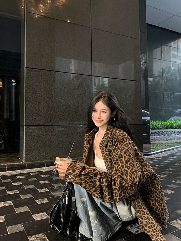 复古豹纹翻领长袖外套女秋季美式辣妹设计感小众宽松衬衫开衫上衣|undefined