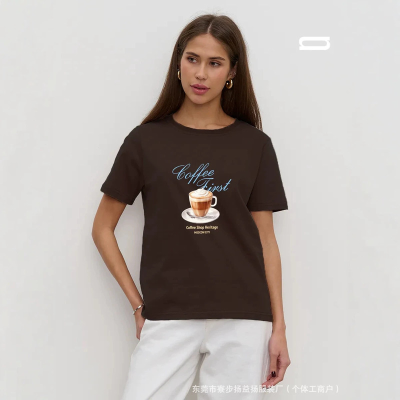 100% Pure Cotton Short-Sleeve T-Shirt, American Style Versatile 2026 Summer Chic Personality Coffee Print Export Top That Hides the Figure