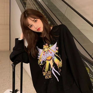黑色美少女印花卫衣女春秋加绒宽松韩版慵懒风bf学生圆领长袖外套
