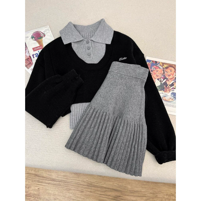 Короткий трикотажный костюм в стиле колледжа для женщин, весна-зима, юбка А-силуэта в складку, комплект из трех предметов