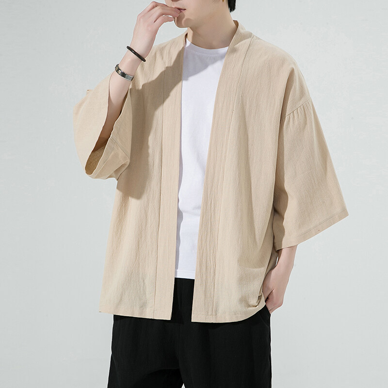 Chinese Style Windbreaker Men's Cardigan Three-Quarter Sleeve Robe Summer Thin Cotton and Linen Sun Protection Jacket Chinese Retro Han Dynasty
